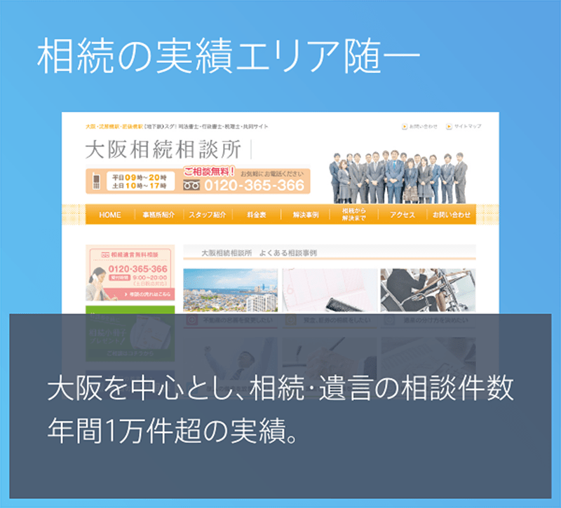 相続の実績エリア随一。大阪を中心とし、相続・遺言の相談件数年間1万件超の実績。
